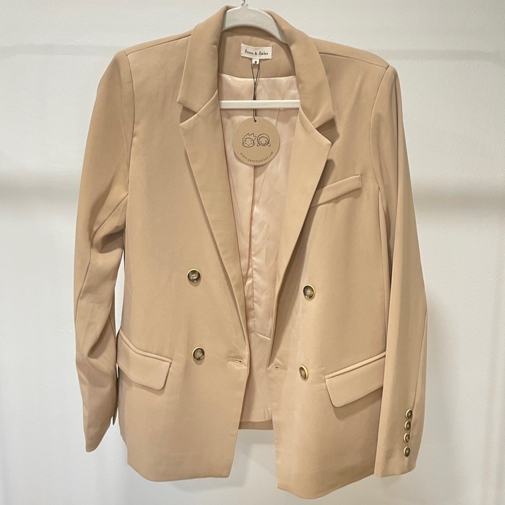 Aaron & Amber Women Beige Double Breasted Blazer Oversized Tan Jacket 90s Y2K M